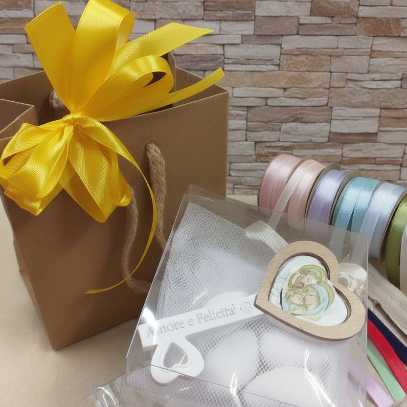 giallo e colori vari pastello per confezionamento bambino maschietto bimba femminuccia simboli pensiero ricordo chiave icona sacra religiosa frase stampata Amore e Felicità bomboniera comunione cresima confezionata 5 confetti con rappresentazione Sacra Famiglia