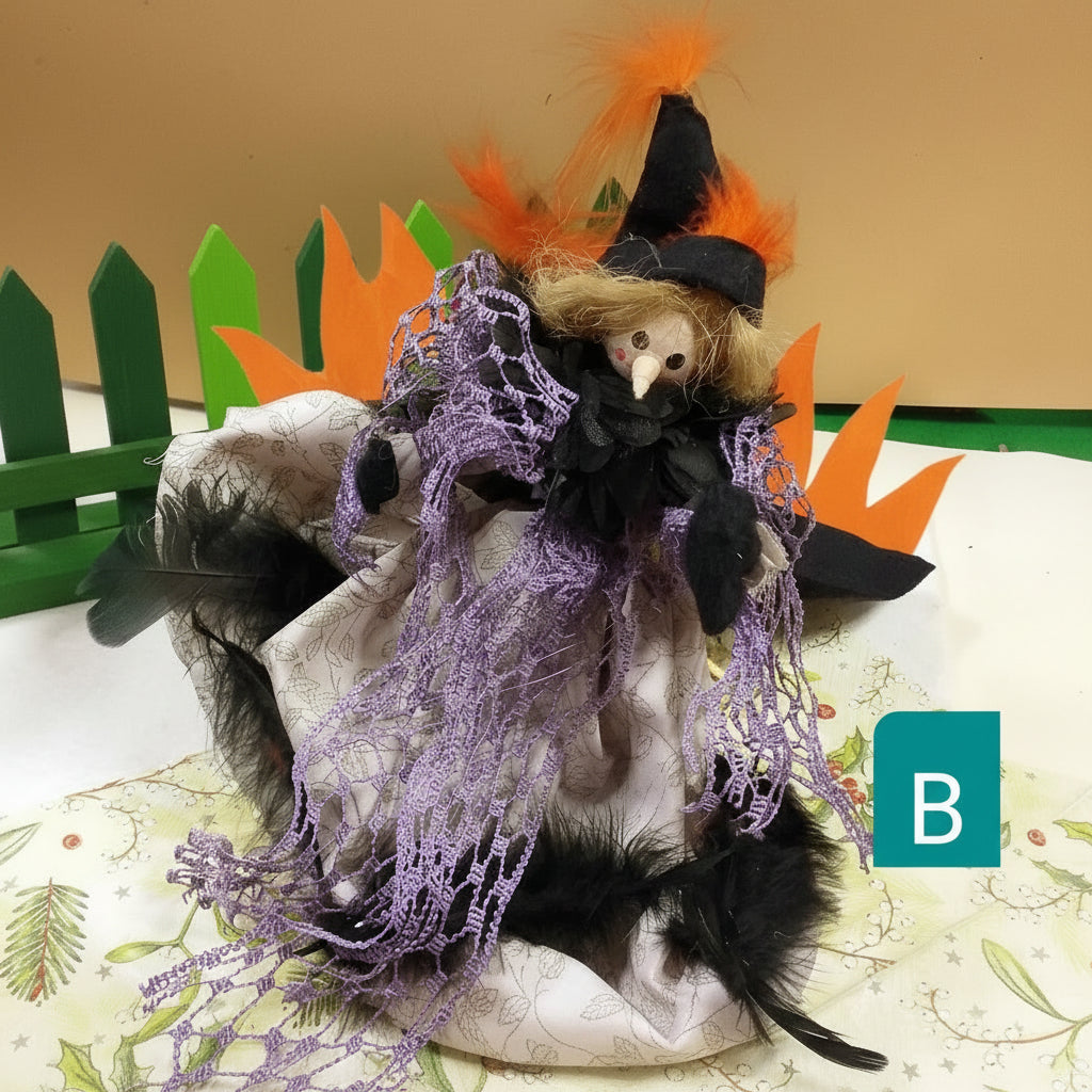 bambola di panno pezza stoffa befana strega lavanda nero arancio da appendere o da appoggio con  portafortuna decorazioni natalizie idea confezione regalo