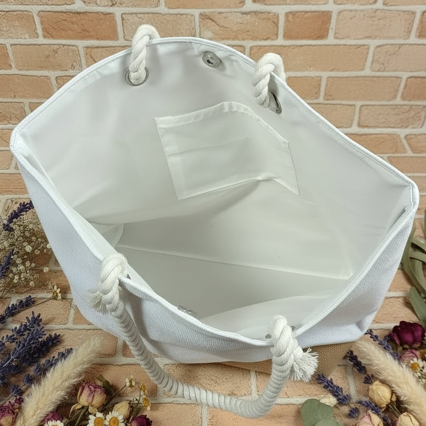 interno borsa donna da mare sacca tela bianca base juta naturale manici corda nautica uso borsone piscina estate spiaggia viaggio da rivestire mattonelle granny uncinetto o applicazioni fiori