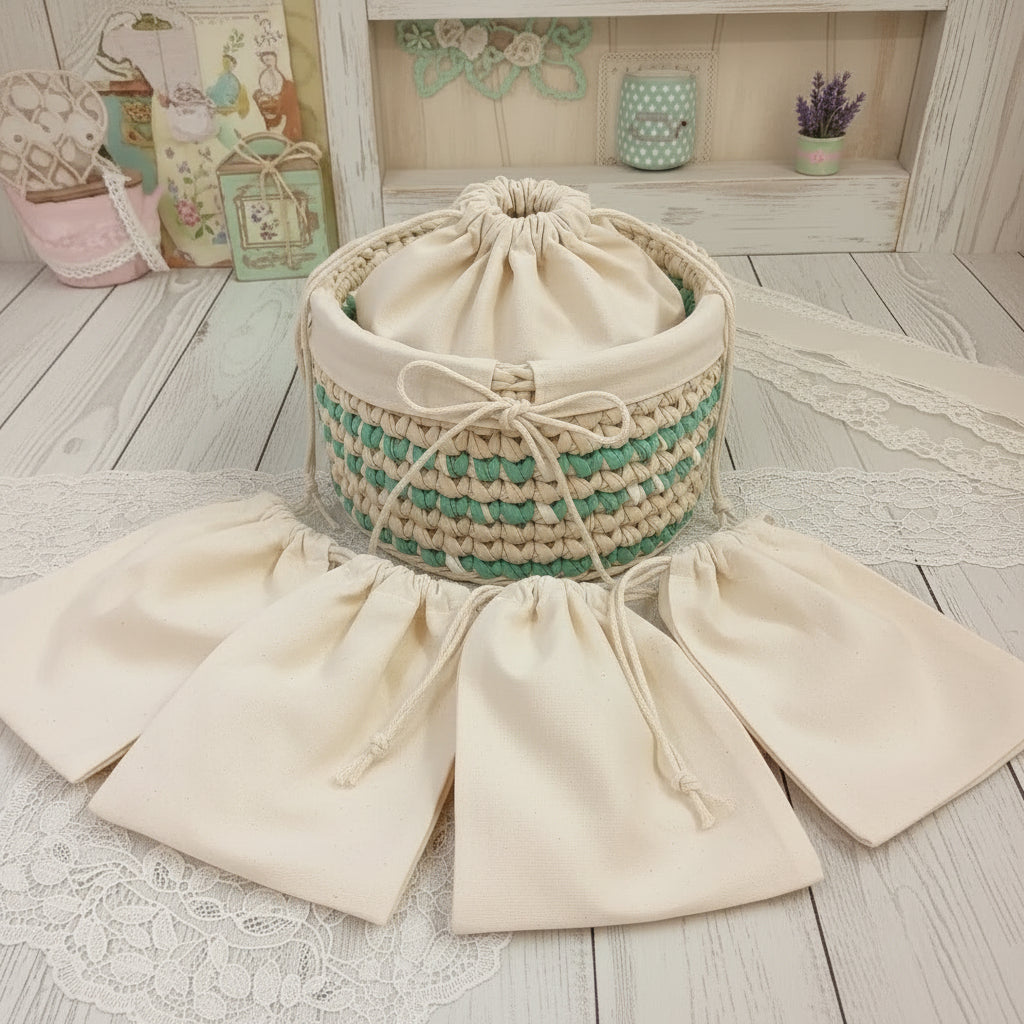 steso sul piano di lavoro sacchetto cotone coulisse corda per interno o packaging borse uncinetto a rete shopper bags fettuccia