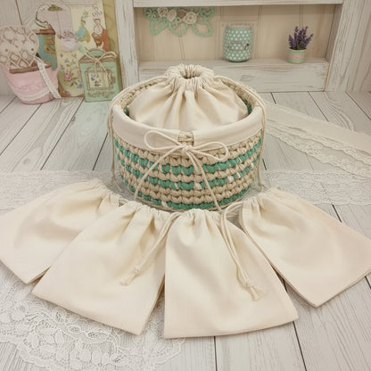 steso sul piano di lavoro sacchetto cotone coulisse corda per interno o packaging borse uncinetto a rete shopper bags fettuccia