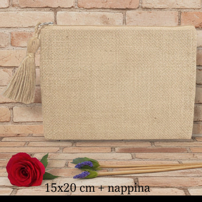 bustina sacchetto con cerniera e nappina, jute pouch pochette juta per borsa uncinetto da rivestire con filato cotone granny mattonelle o personalizzare scritte ricamo stampato applicazioni tessuto stoffa termoadesive strass paillettes lustrini passamaneria