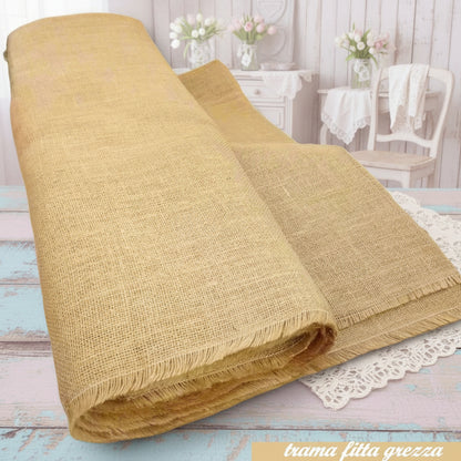 tessuto country stoffa rustica tela juta grezza sacco ad uso bomboniere e fai da te hobbistica cucito creativo tende,  economico colore naturale trama fitta frange per packaging fioristi