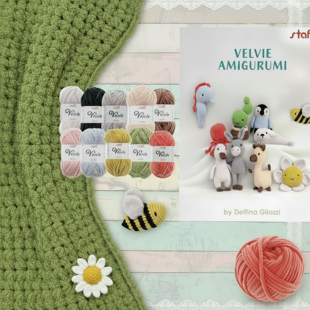 fiore di margherita e kit filato Velvie Stafil amigurumi ciniglia lana sottile 10 colori mini gomitolo 25 g con libretto manuale istruzioni per uncinetto di bambole animaletti marini ape foca pinguino alpaca polipo cavalluccio marino di filo