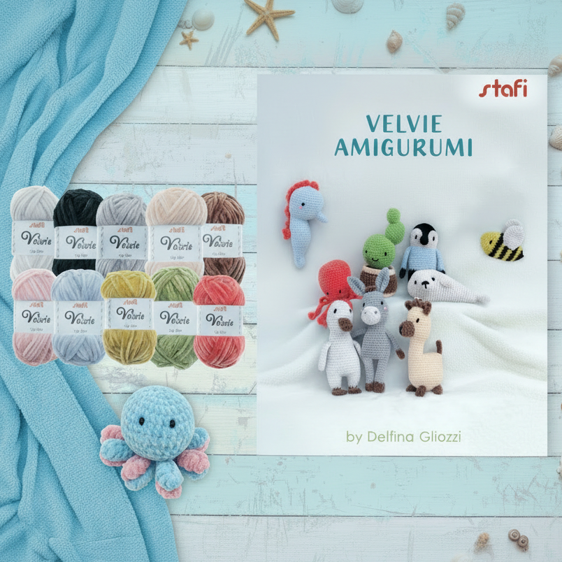 polipo e kit filato Velvie Stafil amigurumi ciniglia lana sottile 10 colori mini gomitolo 25 g con libretto manuale istruzioni per uncinetto di bambole animaletti marini ape foca pinguino alpaca cavalluccio marino di filo