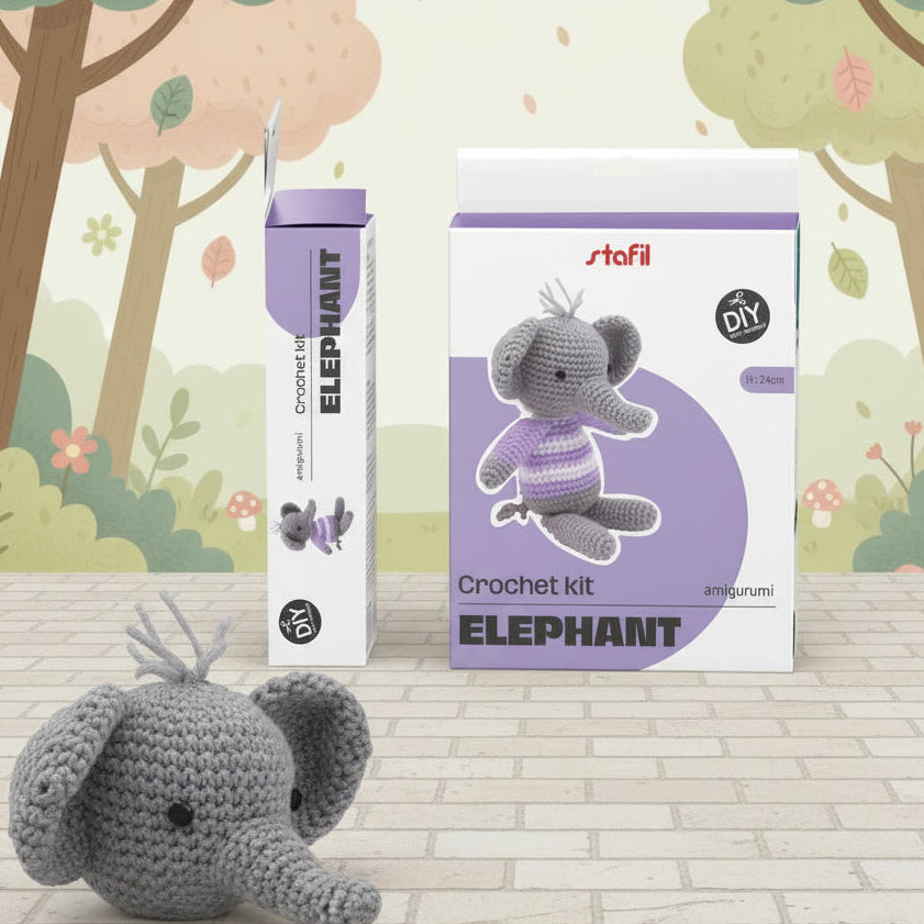 elefantino grigio e lilla serie animali esotici della foresta animali uncinetto crochet del kit amigurumi stafil filato istruzioni