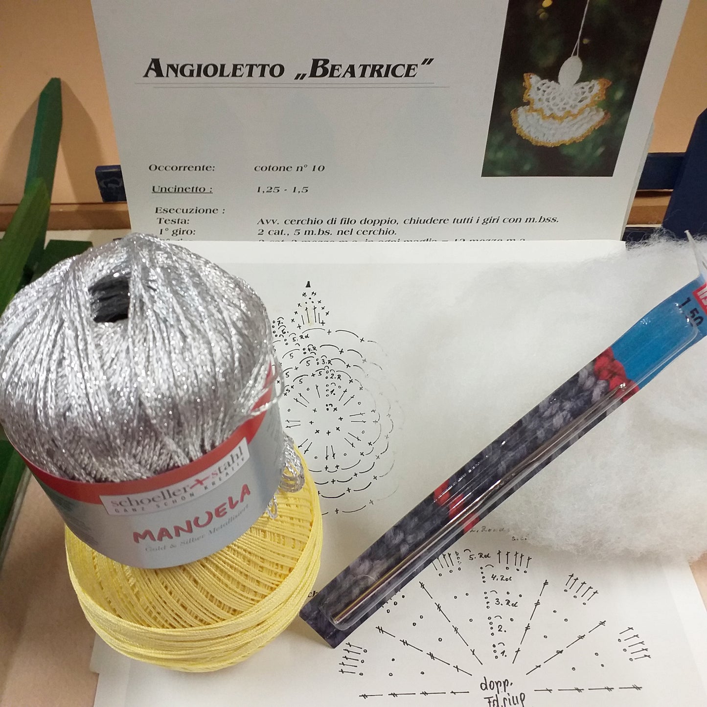giallino cremino argentato Manuela stafil-schoeller schemi tutorial istruzioni angioletto beatrice bomboniera comunione cresima battesimo kit fai da te uncinetto 1.50 filo ovatta da imbottitura