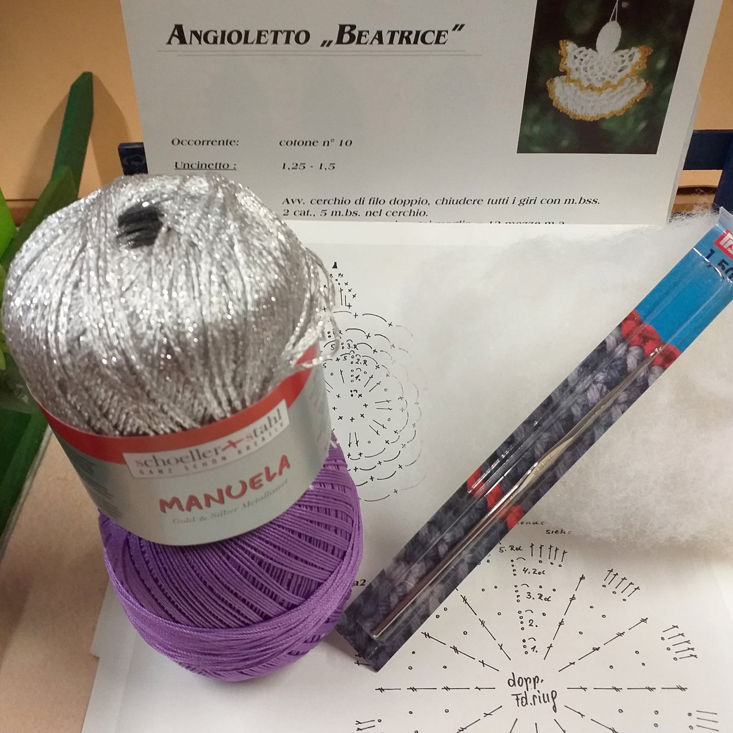 argentato lilla lavanda Manuela stafil-schoeller schemi tutorial istruzioni angioletto beatrice bomboniera comunione cresima battesimo kit fai da te uncinetto 1.50 filo ovatta da imbottitura