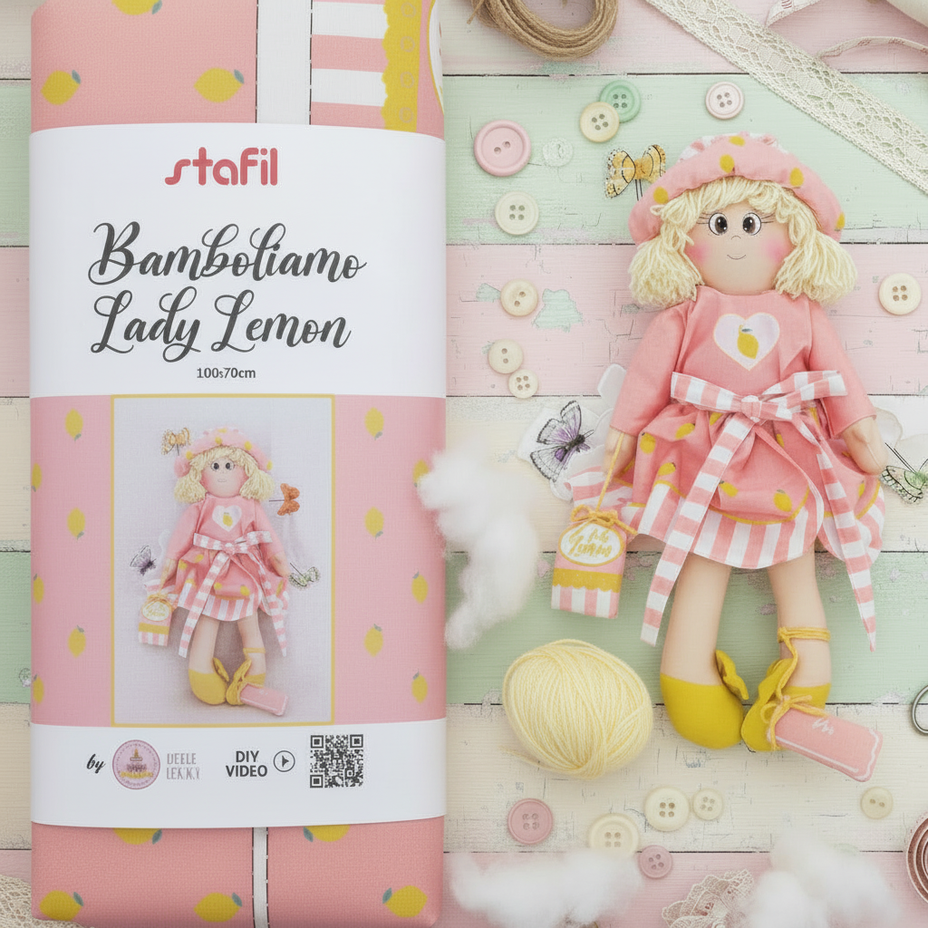 kit lana e imbottitura Lady Lemon rosa chiaro pannello Bamboliamo Doll Stafil Natale tessuto cartamodelli stampati disegnati corpo braccia gambe per bambole di stoffa pezza cucito creativo pigotta con tessuto cotonina