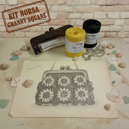 kit borsa granny square mattonella fiore giallo fondo nero rafia carta cellulosa uncinetto con catenella e chiusura clutch legno nero