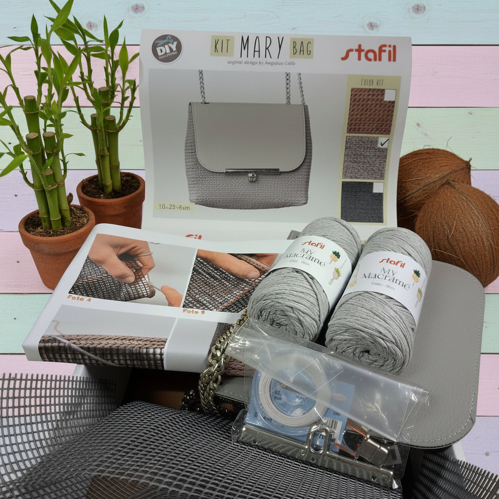 cordino grigio chiaro patella di ecopelle catenella chiusura cordino rete canvas di plastica canovaccio per borsa uncinetto kit mary bag stafil