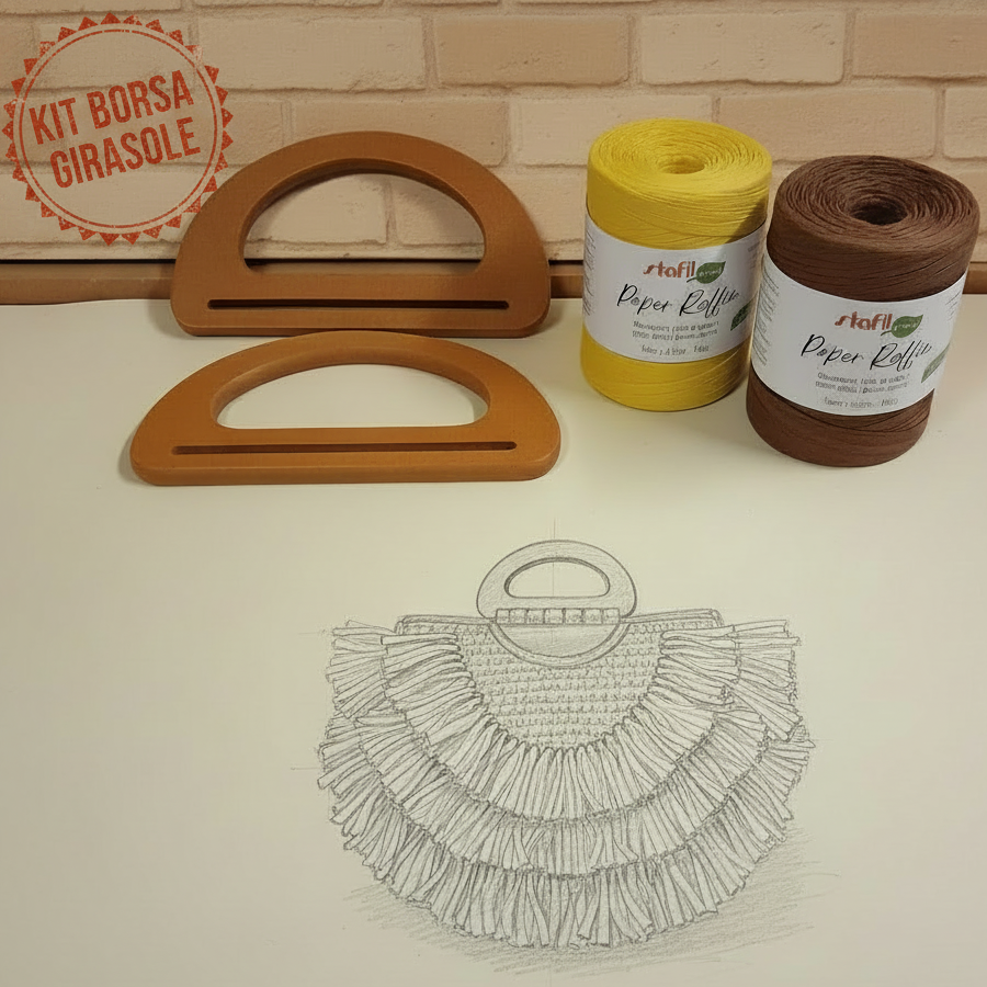 rafia e manici per realizzare la borsa uncinetto girasole con la rafia di carta cellulosa vegetale