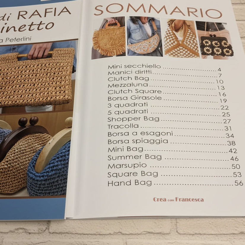 sommario 56 pagine libretto manuale Borse di rafia all'uncinetto Peter Edizioni Crea con Francesca - Stafil foto passo paso con video tutorial mini secchiello, Clutch bag, Borsa Girasole, Shopper Bag a esagoni, spiaggia
Mini bag, Marsupio, Square - Hand Bag