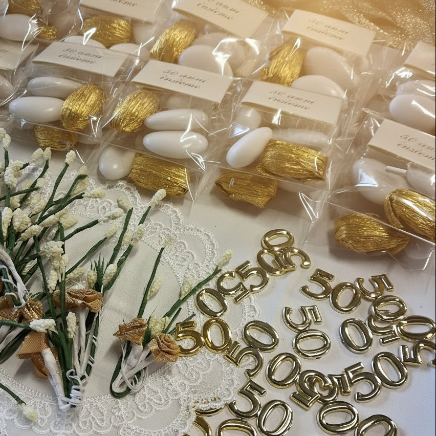 kit fai da te fiorellini roselline confetti mandorla bigliettino applicazioni simboli  per confezionare sacchetti bomboniere anniversario matrimonio cinquantesimo nozze oro 50 anni
