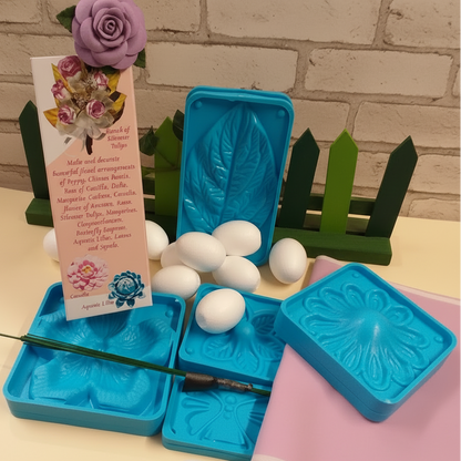 lilla latte e kit 5 formine doppie stampi silvestre Renkalik Thikas per tessuto termomodellabile termoformabile tecnica fommy gomma crepla creare fiori con stoffa termica Primette Primavera Natale ovetti polistirolo steli di filo di ferro
