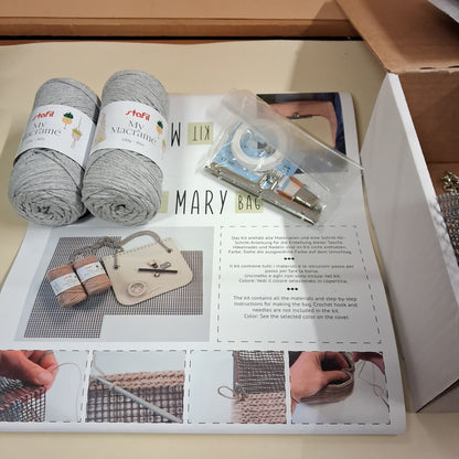 foto tutorial spiegazioni istruzioni con il materiale del kit borsa macramè stafil mary bag