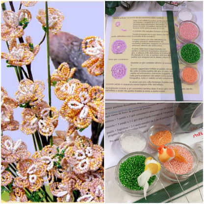 step by step fiori di pesco salmone composizione floreale kit conteria di vetro rocailles fai da te steli istruzione materiale occorrente filo zincato guttaperca stemtex adesivo nastro verde fioristi