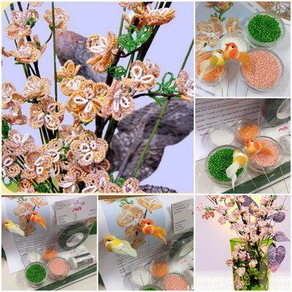 materiali e idee fiori di pesco salmone composizione floreale kit conteria di vetro rocailles fai da te steli istruzione materiale occorrente filo zincato guttaperca stemtex adesivo nastro verde fioristi