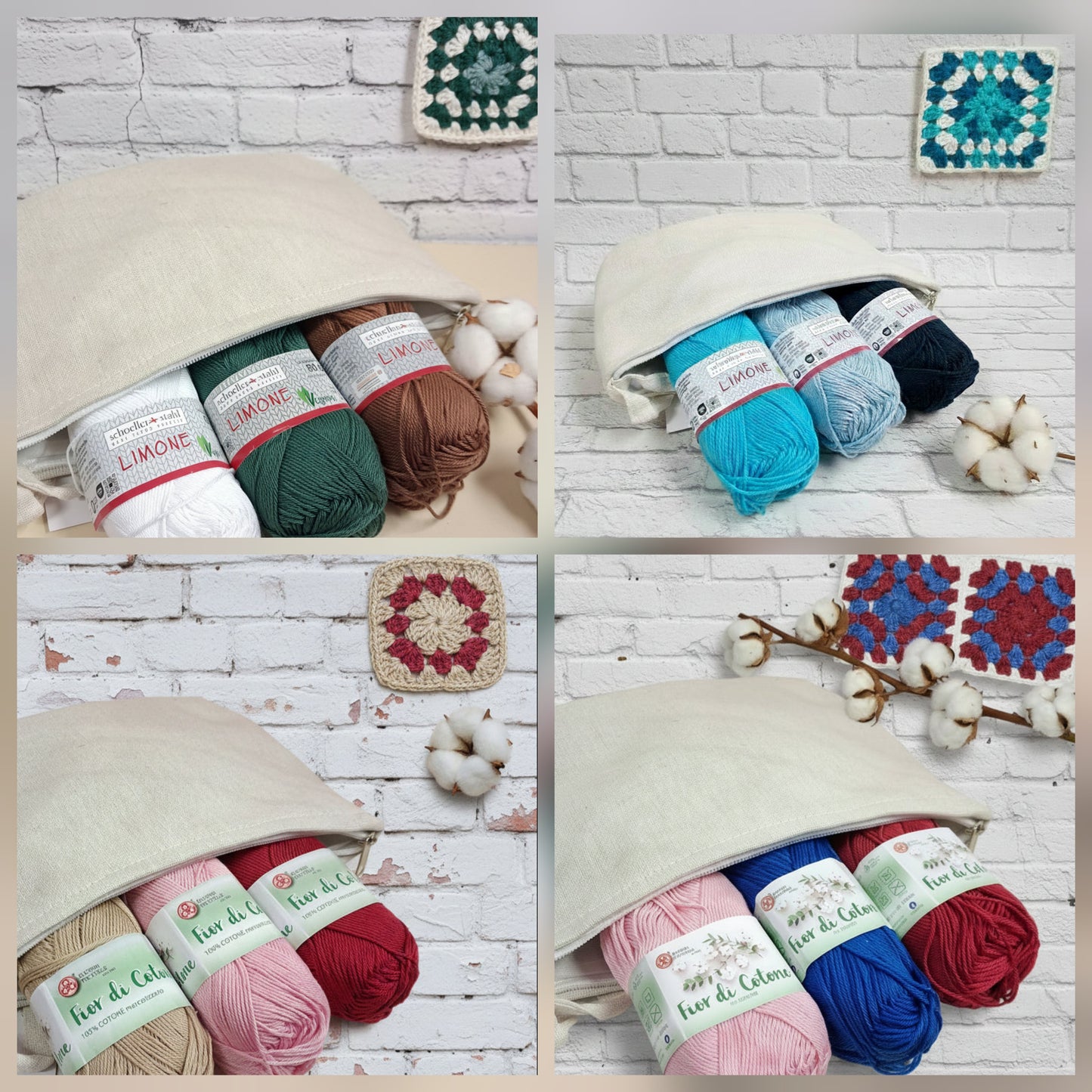 Pochette di tela rustica grezza ecrù da rivestire mattonelle granny e tris cotone grosso per uncinetto cucirini tre stelle o limone stafil-schoeller assortimento colori