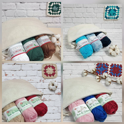 Pochette di tela rustica grezza ecrù da rivestire mattonelle granny e tris cotone grosso per uncinetto cucirini tre stelle o limone stafil-schoeller assortimento colori