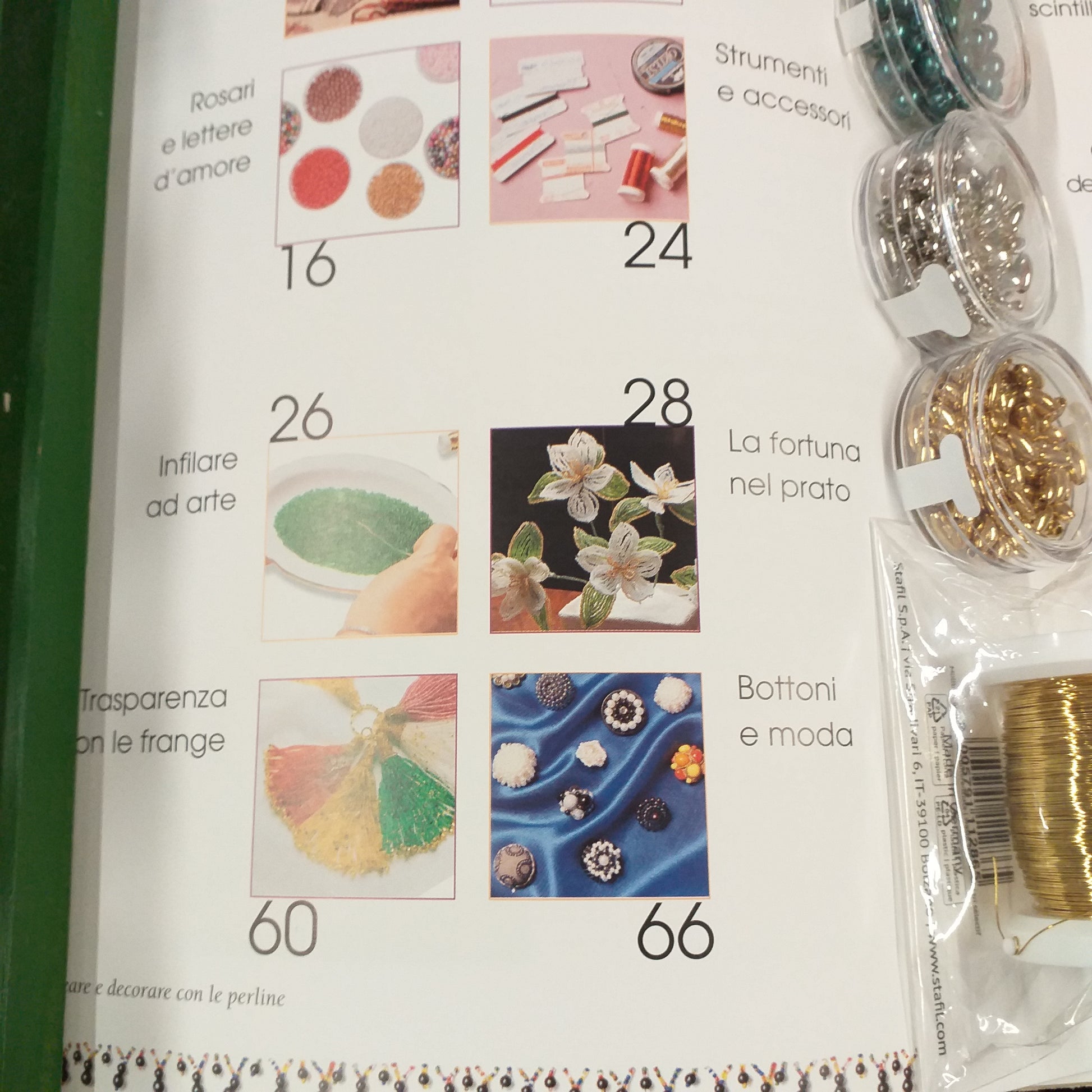 da pagina 16 a 66 rosari strumenti accessori infilare conteria ricoprire bottoni frange nappine fiori veneziani sommario filo ottone 0.30 mm olive oro argento perle turchese grandi per decorazioni Natale kit materiali e manuale creare e decorare con le perline