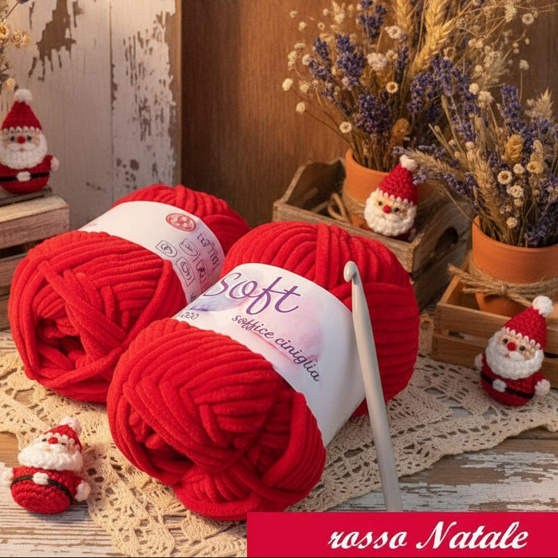 rosso Natale Cucirini Tre Stelle lavori a maglia velluto velvet ciniglia lana  gomitolo 100 g filato uncinetto amigurumi cordino fettuccia crochet borse sciarpe cappelli berretti scaldacollo