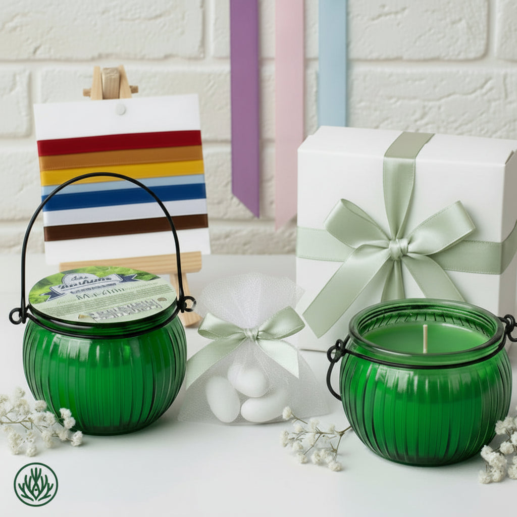 muschio candele bomboniere profumate vasetto barattolo coppa forma lanterna di vetro colorato verde  confezionate confetti scatole matrimonio prima comunione cresima scelta colori nastrini