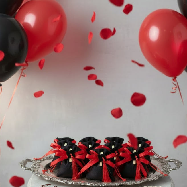allestimento semplice petali rossi e palloncini vassoio di sacchetti neri con tocco nappina pergamena confezionati bomboniere laurea