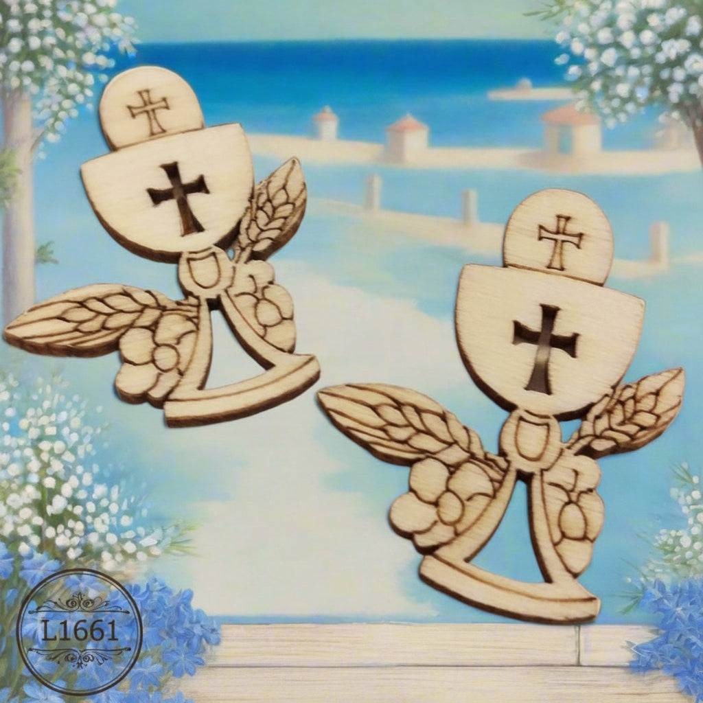 Mitria Tau pastorale vescovile calice spighe uva pane piastrine legnetti applicazioni decorazioni in legno bomboniere sacre articoli religiosi icona Santo Giorno simboli cresima comunione Calice Tau