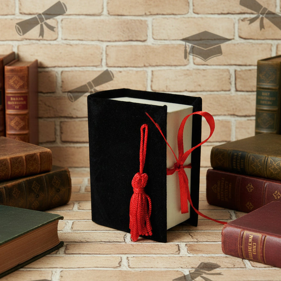 scatolina nera portaconfetti laurea bomboniere velluto nappina rossa forma libro rivestito per packaging confezionamento confetti