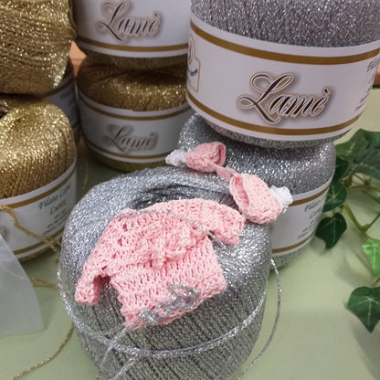 filato metallizzato cordino oro lurex lamé dorato per lavori uncinetto maglia filo addobbi albero Natale, idea maglietta miniatura cotone natalizio punto catenella argento