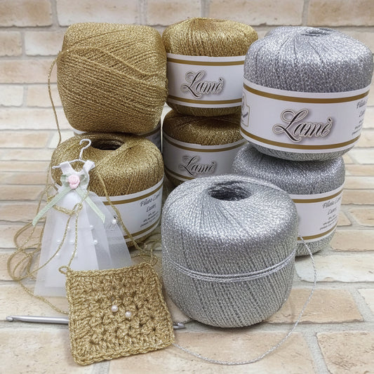 dorato catenella argentato filato metallizzato laminato cordino lurex lamé oro argento uso lavori uncinetto maglia filo addobbi albero Natale bomboniere rivestire gambo fiori stoffa