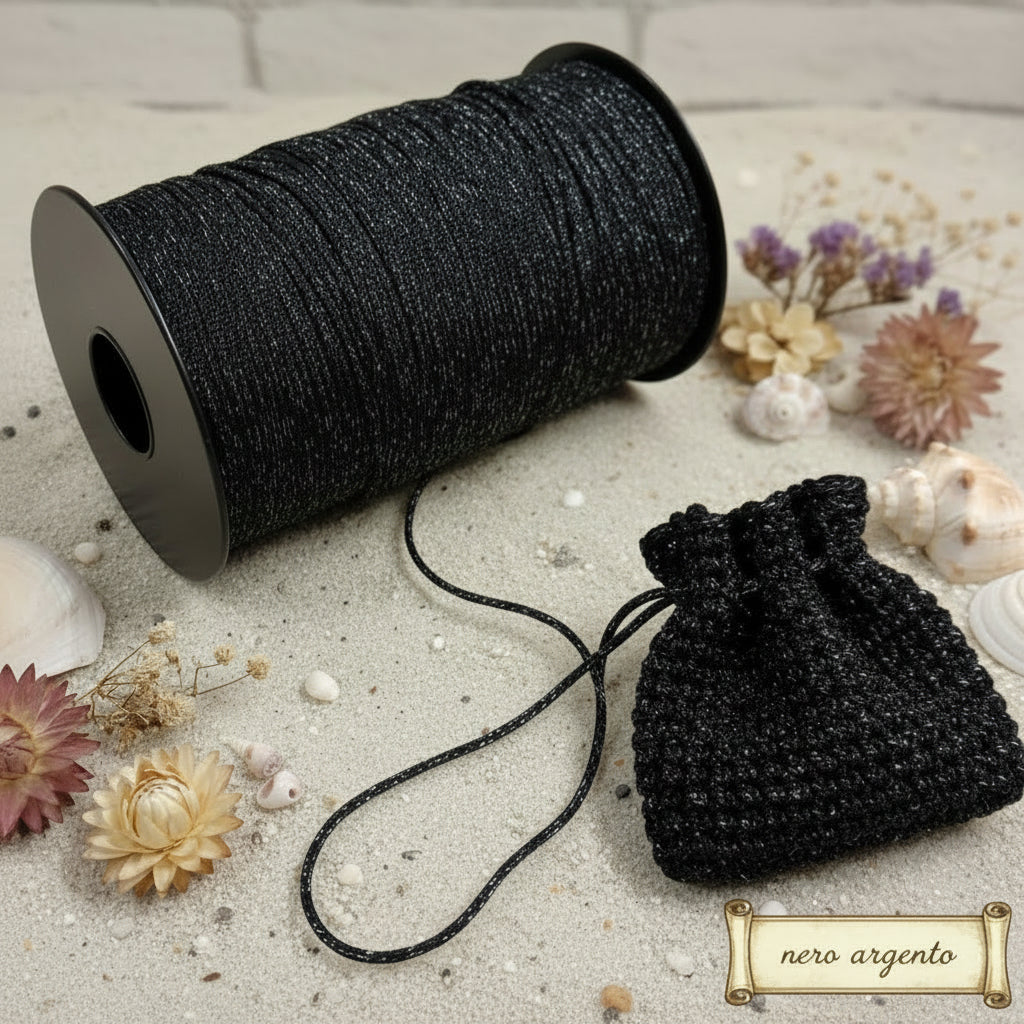 nero argento tripolino thai cordino lurex brillantinato lamè glitter per bijoux borse uncinetto progetti amigurumi crochet cordoncino Natale bags luccicanti dorate clutch pochette sera cerimonia