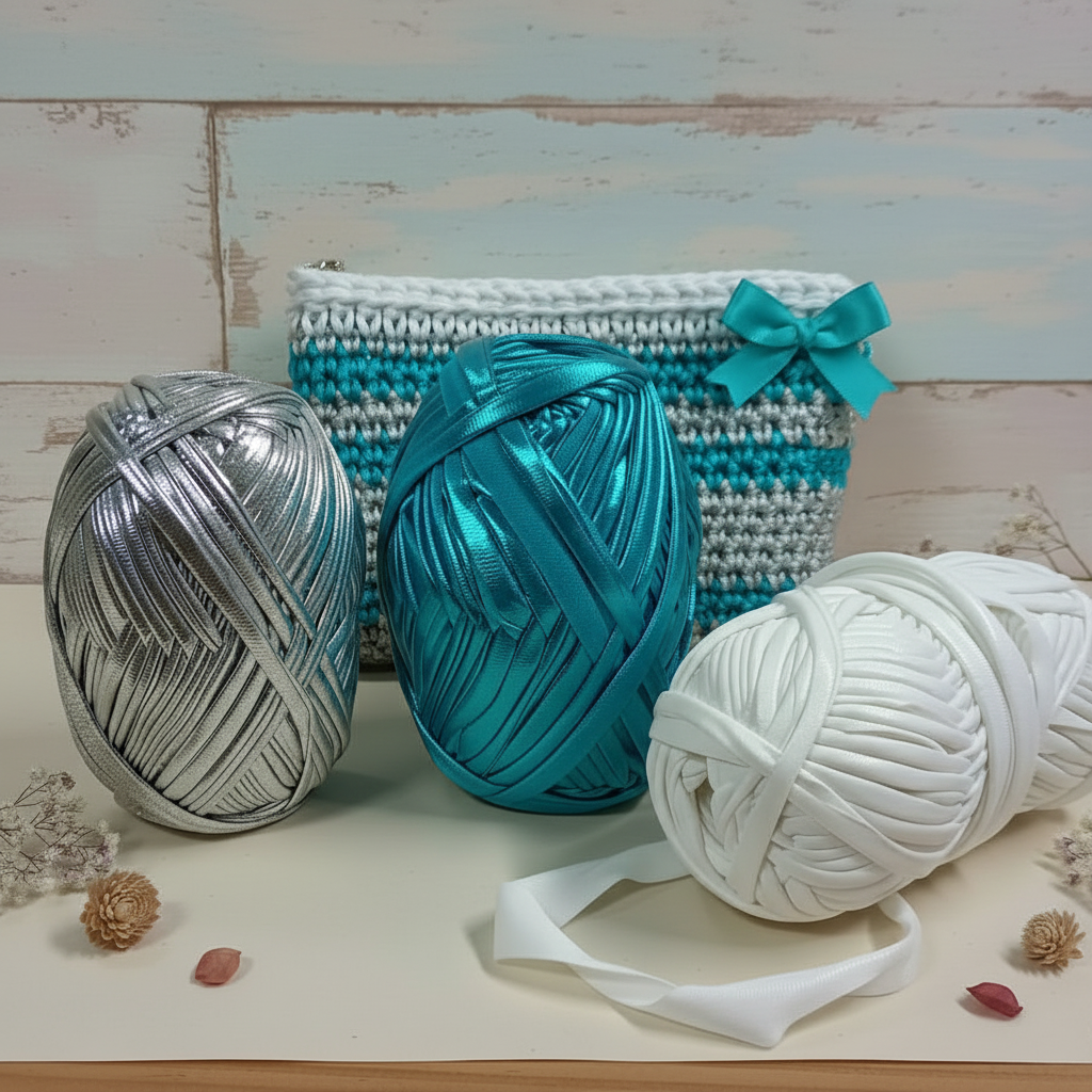 argento turchese bianco madreperlato shop MAS fettuccia lycra laminata metallizzata lamè lurex iridescente gomitoli uso uncinetto ferri da maglia pochette clutch bags portamonete portaocchiali