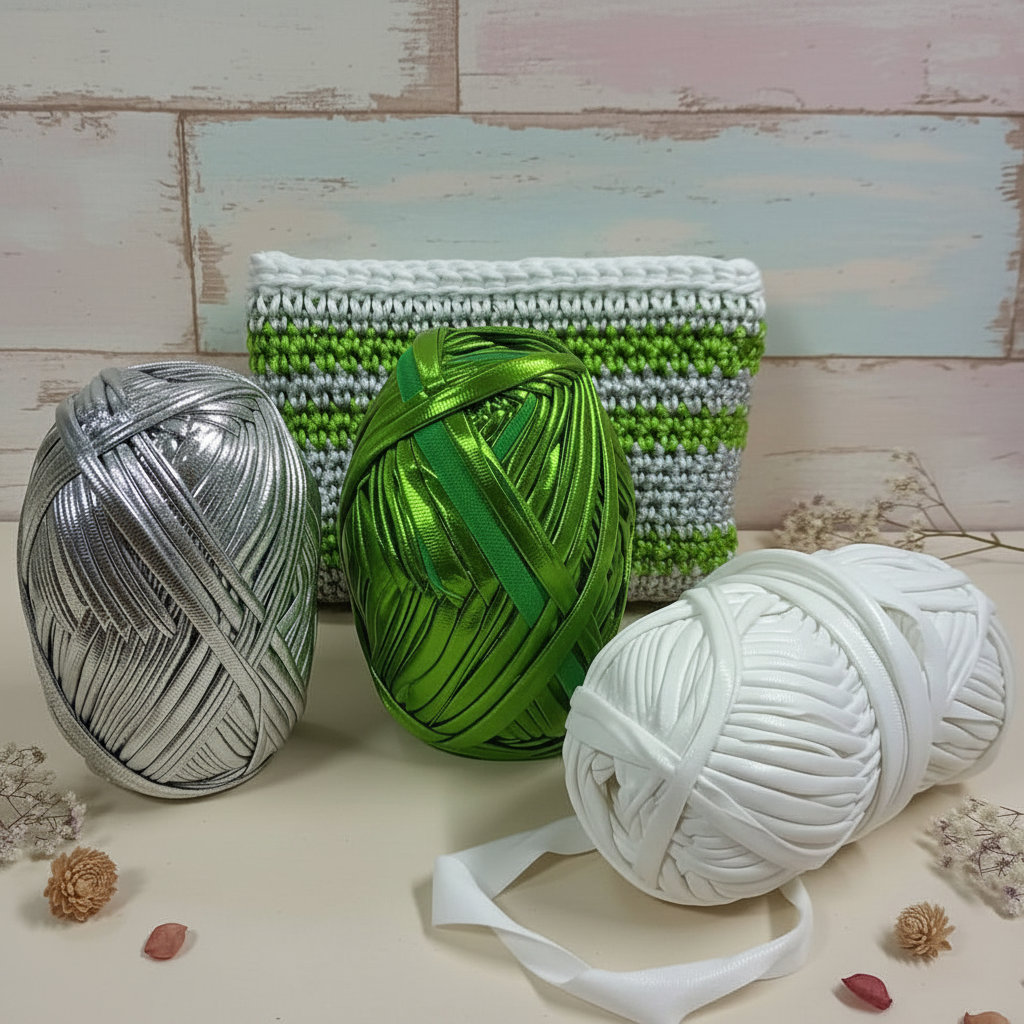 argento verde kiwi bianco madreperlato shop MAS fettuccia lycra laminata metallizzata lamè lurex iridescente gomitoli uso uncinetto ferri da maglia pochette clutch bags portamonete portaocchiali