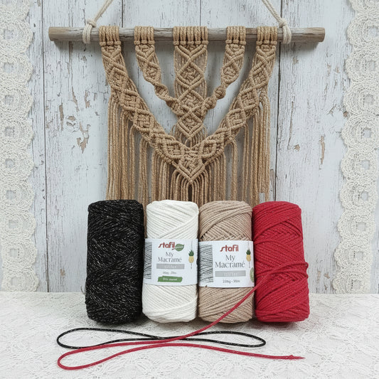 nero bianco cammello rosso corda macramè lurex cordoncino filato cotone uncinetto maglia con filo glitterato uso addobbi decorazioni palline sfere albero Natale fai da te tessitura nodi intrecci  borse pochette appendino da muro