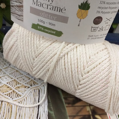bianco Stafil green glitter cotone reciclato corda macramè lurex cordoncino filato cotone uncinetto maglia con filo glitterato uso addobbi decorazioni palline sfere albero Natale fai da te tessitura nodi intrecci costumi borse pochette mare spiaggia canotta top estivo
