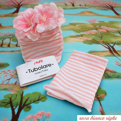 rosa bianco fantasia righe tubolari per bambole di maglina tessuto elasticizzato uso fai da te pupazzi bamboline pigottine cucito creativo hobbistica fiocco nascita bebè femminuccia
