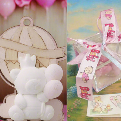 baby bebè rosa bimba femminuccia  legnetti applicazioni tema orso magnete calamita mongolfiera palloncini gessetti da confezionare bomboniere nascita Battesimo scatolina confetti bigliettino nastrino neonato