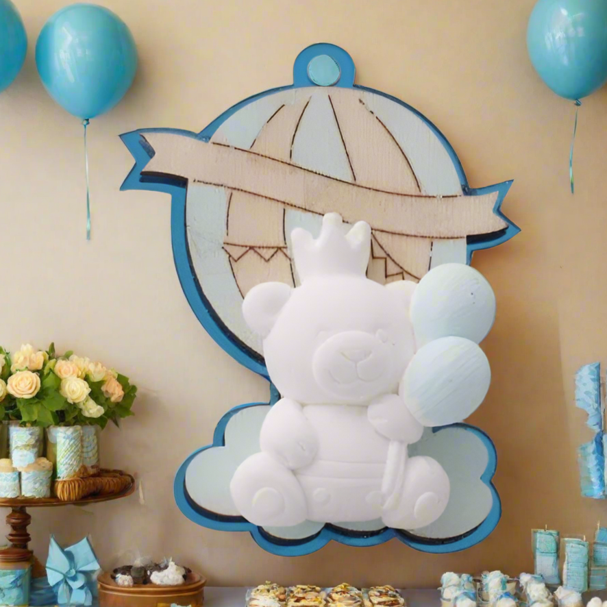 party table palloncini shop online negozio ciondolo bomboniera baby bebè azzurro maschietto legnetti applicazioni tema orso mongolfiera da confezionare confetti 