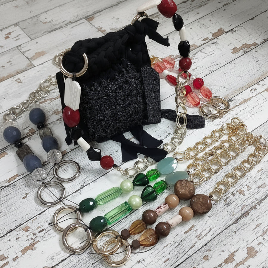 negozio accessori borse fatte a manoi fai da te fettuccia manici gioiello bijoux di perle pietre catena metallica moschettoni rotondi apribili per borsette uncinetto fatte a mano