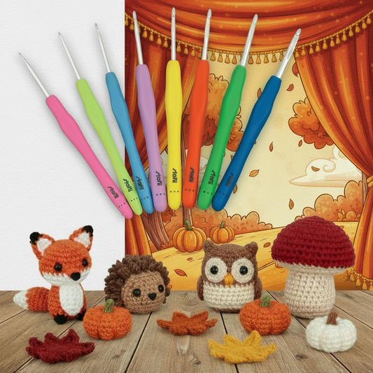 Stafil soft touch manico gomma morbida colorata uncinetto ergonomico alluminio per lana e cotone lavori manuali fai da te, idea amigurumi animali del bosco autunnali, volpino, riccio, gufo, fungo zucca, foglie di vite
