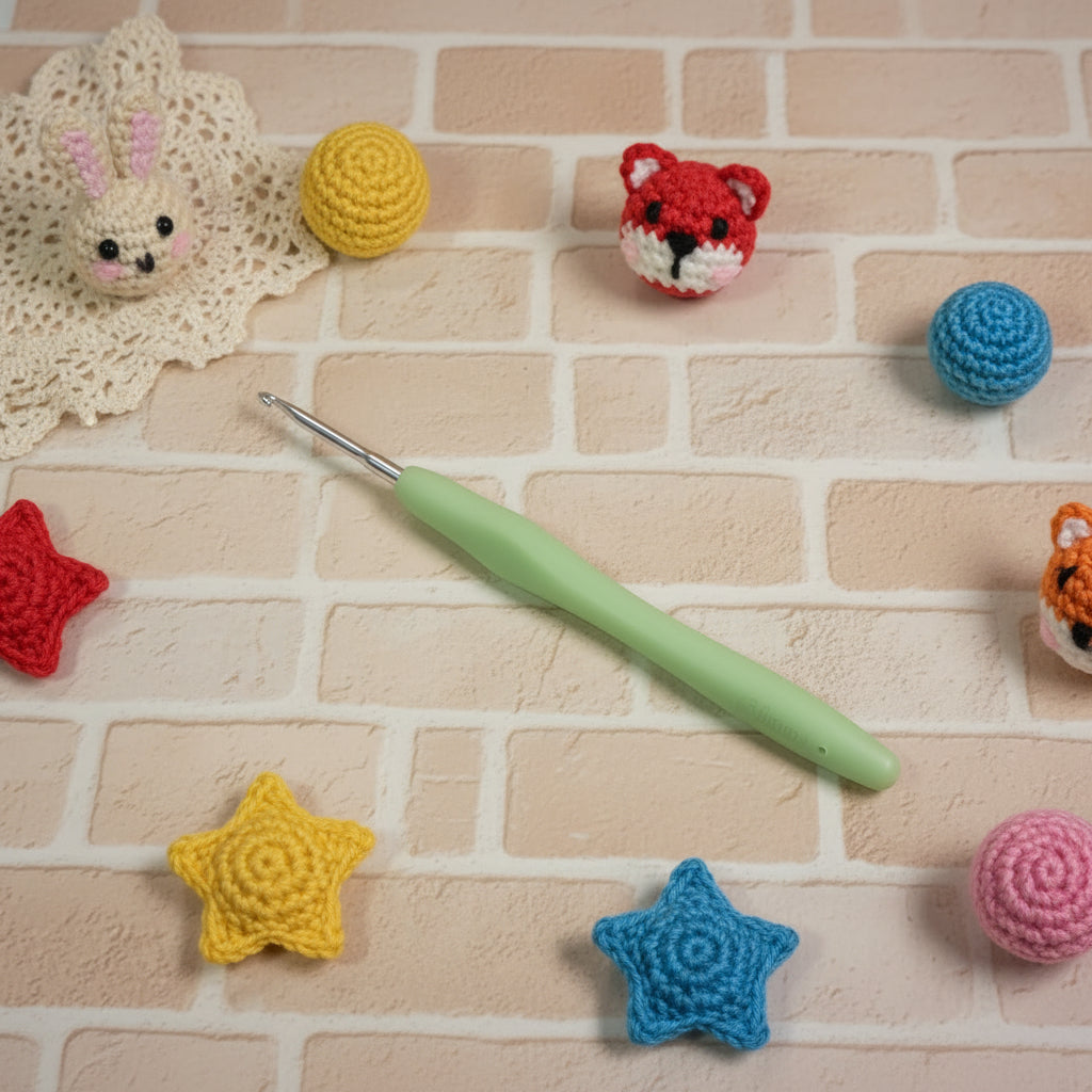 Stafil soft touch manico gomma morbida colorata verdino uncinetto piccolo ergonomico alluminio per lana e cotone lavori manuali fai da te, idea amigurumi animaletti stelline palline