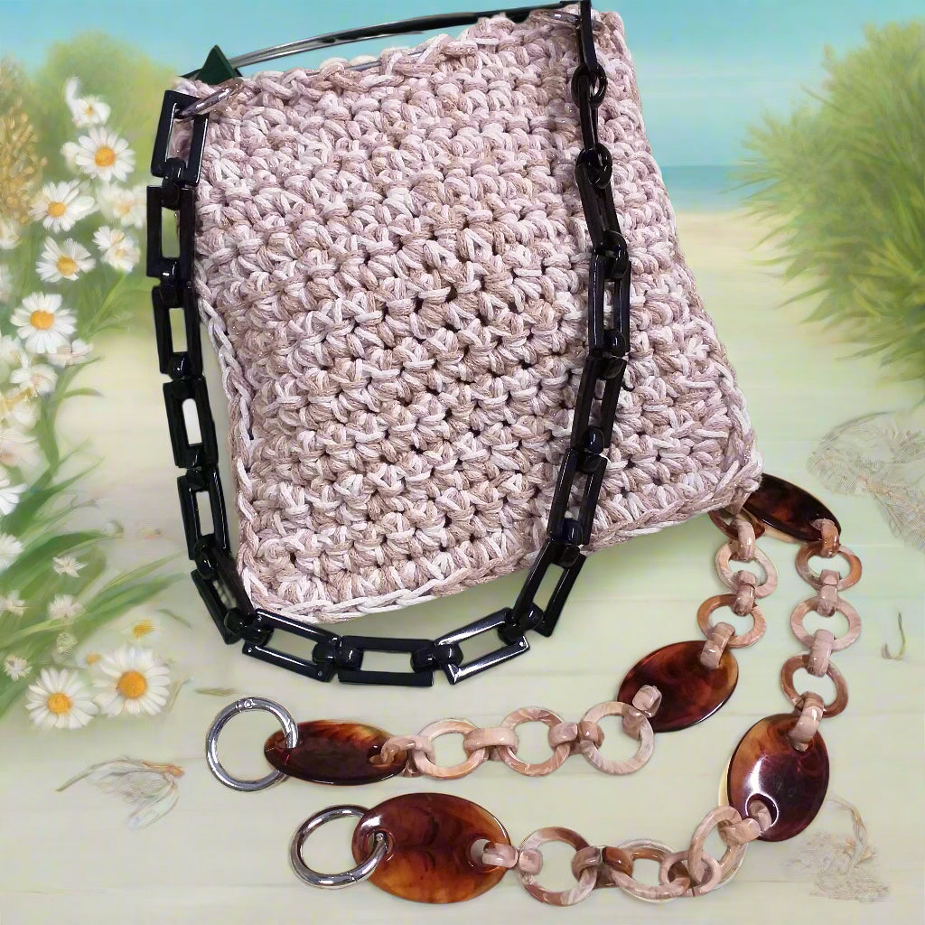 colore nero marrone beige manico particolare di resina acrilica plastica catena decorativa per borsa a spalla uncinetto fatta a mano di fettuccia corda particolare con moschettoni anelli ganci finali