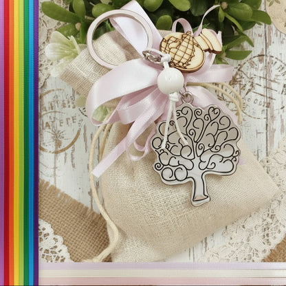 lilla chiaro ragazza bambina portachiavi albero della vita metallo mappamondo legno globo confezionato bomboniera sacchetto Italian confetti chocolate dragées sugared almonds nastro bigliettino tela rustica Comunione Cresima laurea 18 anni matrimonio