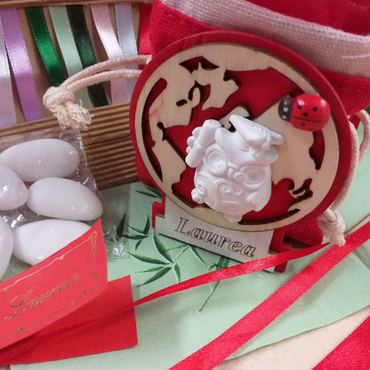 packaging e portaconfetti piantina forma mappamondo globo legno naturale rosso scritta laurea coccinella portafortuna gufo saggio gessetto sacchettino juta lino bomboniera da confezionare kit fai da te nastri tulle confetti bigliettino