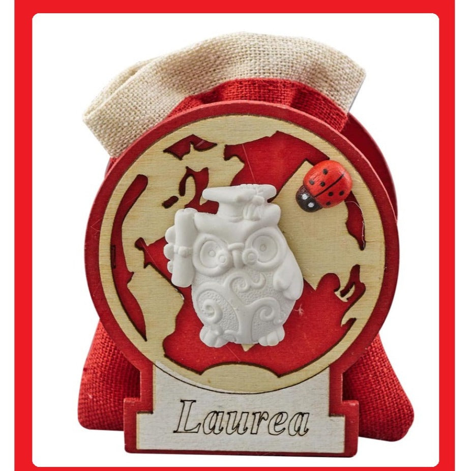 portaconfetti piantina forma mappamondo globo legno naturale rosso scritta laurea coccinella portafortuna gufo gesso sacchettino juta lino bomboniera da confezionare kit fai da te
