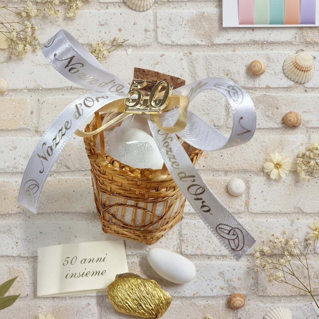 packaging bomboniera vasetto tondo barattolo vetro tappo sughero con applicazione numero 50 di anni matrimonio anniversario nozze oro confezionato confetti bianchi dorati cestini fiocchetto coccarda lurex e raso bigliettino
