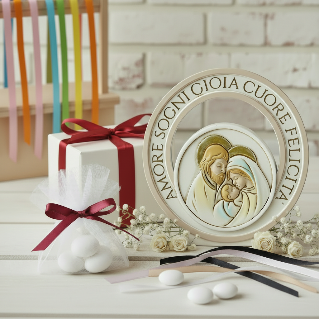 packaging bordeaux, amore sogni gioia cuore felicità scritte icona sacra famiglia sacra religiosa bomboniere comunione cresima battesimo matrimonio forma globo confezione scatola nastro confetti scelta colori allestimento fiori secchi