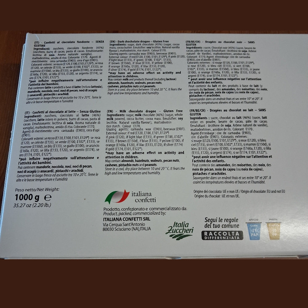 retro etichetta confetti maxtris al cioccolato fondente o al latte senza glutine, ingredienti, allergeni, consigli per la conservazione, peso netto 1000 grammi, produttore italiana confetti srl indirizzo